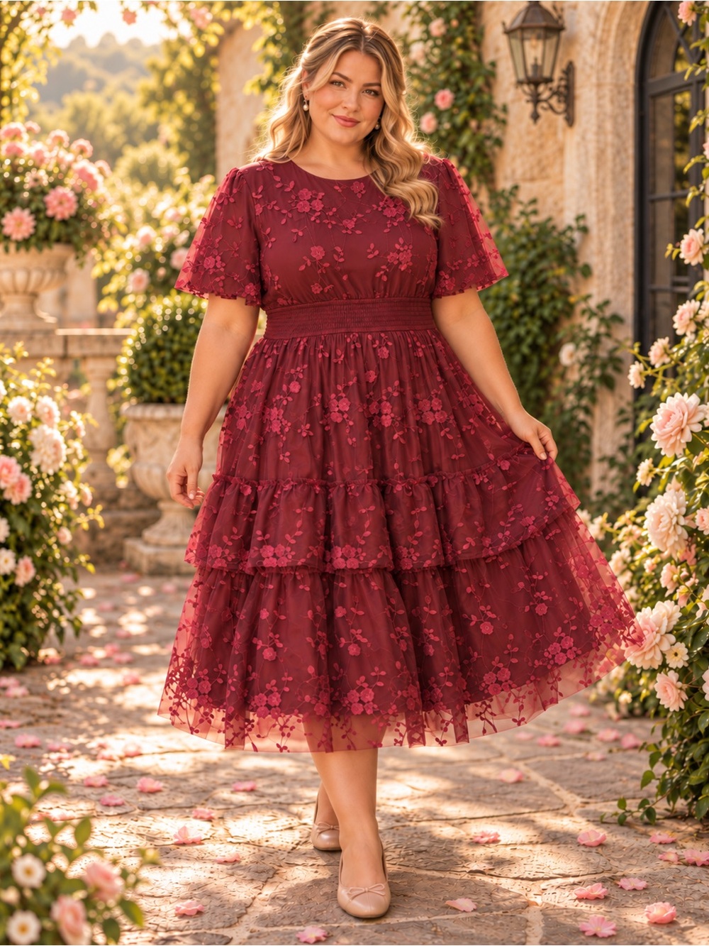 NWT Celadon Bordeaux Rose Embroidered Midi Dress